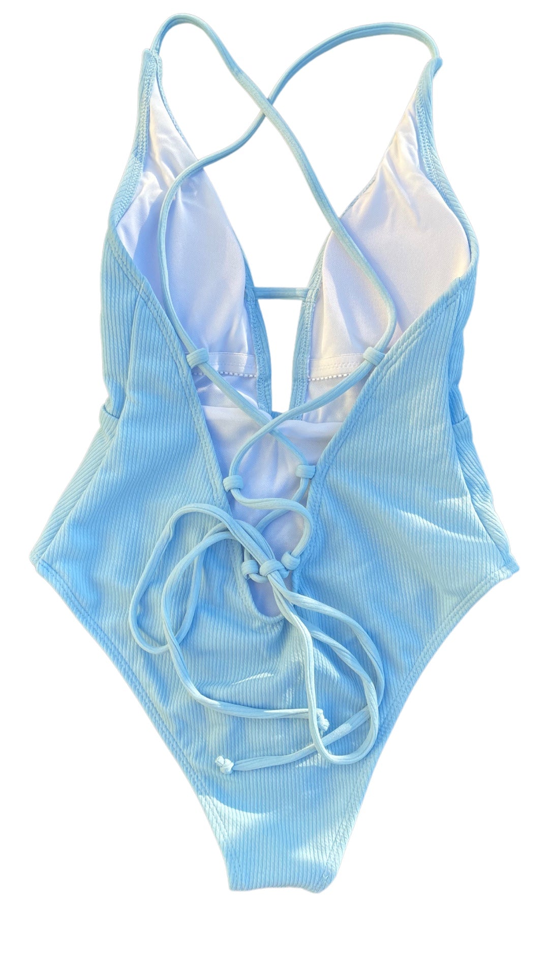 Light Blue Lace-up Cross One Piece Swimsuit