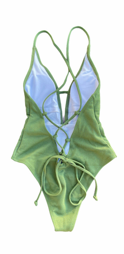 Camo Green Lace-up Cross One Piece Swimsuit