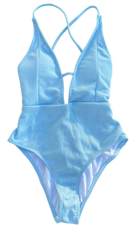 Light Blue Lace-up Cross One Piece Swimsuit